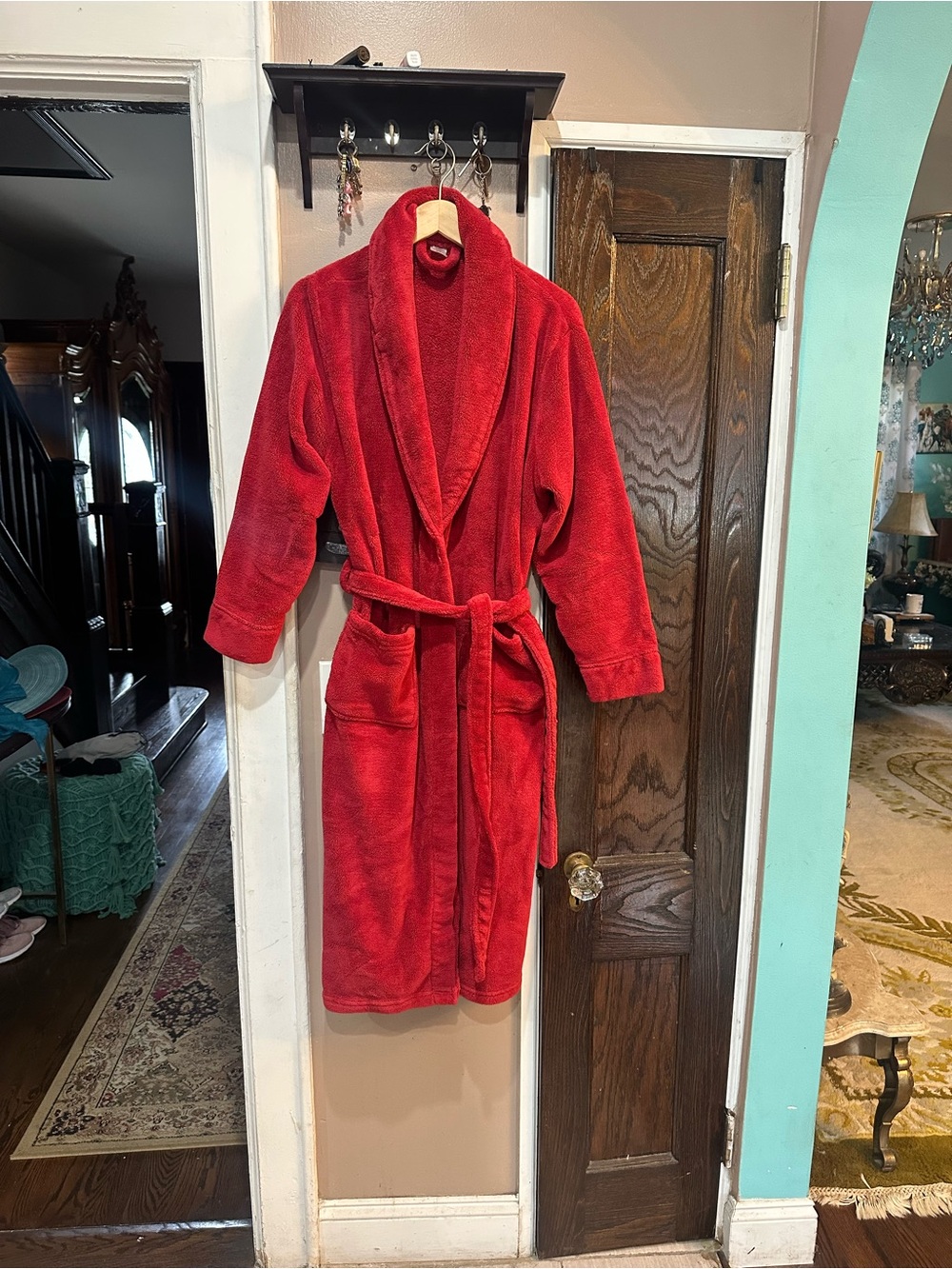 Luxury Plush Red Bath Robe with Shawl Collar and Belt